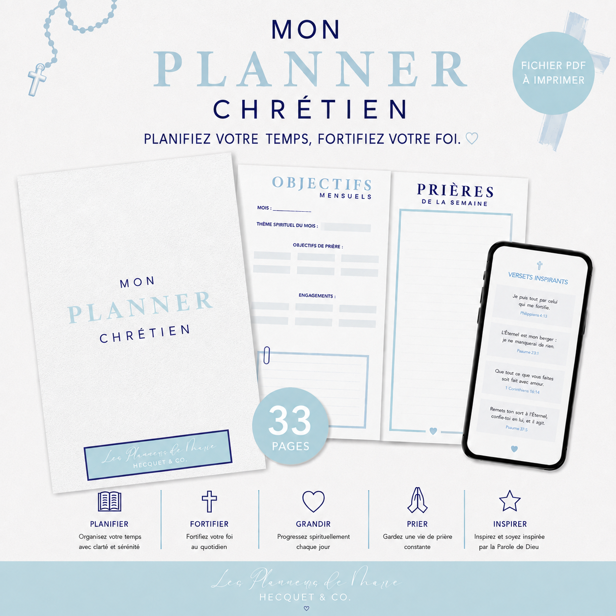 Couverture du Planner Chrétien imprimable, planificateur spirituel avec suivi de prières